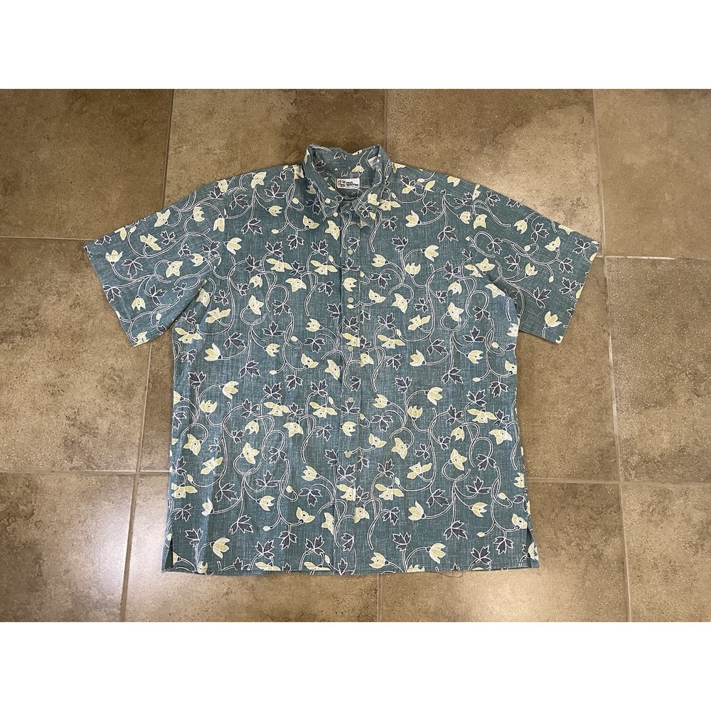 Reyn Spooner Mens Sz 2XL Hawaiian Button Shirt Green Floral Reverse Print